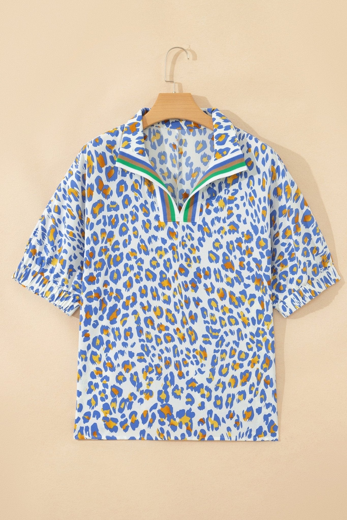 Leopard Colorblock Contrast V-Neck Short Sleeve Blouse - Rooted & Reckless Co.