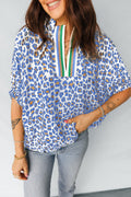 Leopard Colorblock Contrast V-Neck Short Sleeve Blouse - Rooted & Reckless Co.