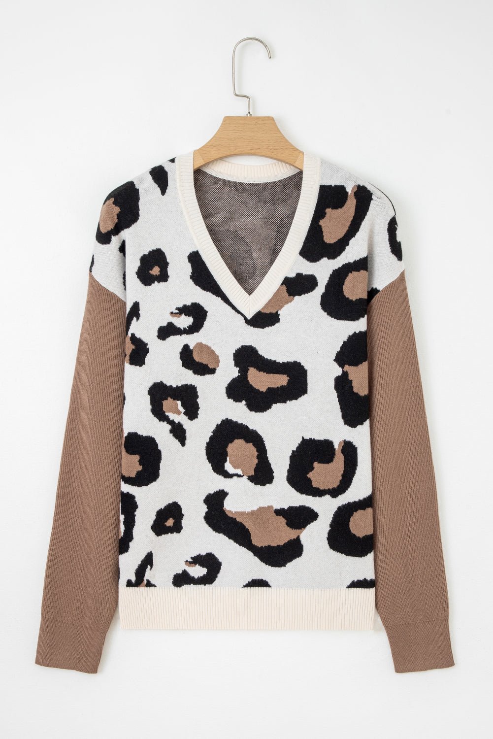 Leopard Colorblock Drop Shoulder V-Neck Sweater - Rooted & Reckless Co.