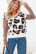 Leopard Colorblock Drop Shoulder V-Neck Sweater - Rooted & Reckless Co.