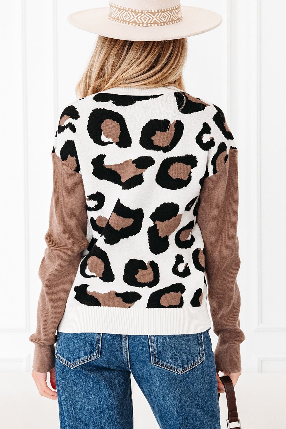 Leopard Colorblock Drop Shoulder V-Neck Sweater - Rooted & Reckless Co.