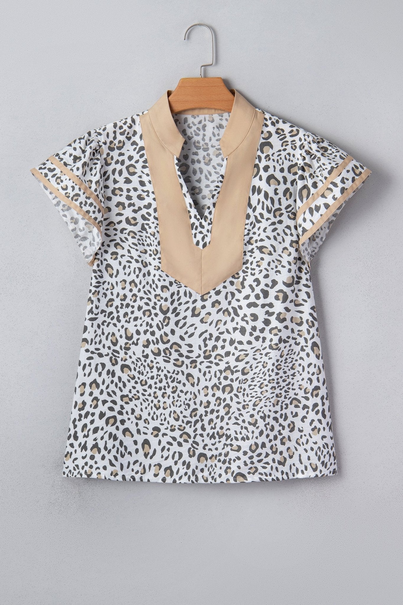 Leopard Colorblock Patchwork V-Neck Cap Sleeve Blouse - Rooted & Reckless Co.