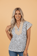 Leopard Colorblock Patchwork V-Neck Cap Sleeve Blouse - Rooted & Reckless Co.