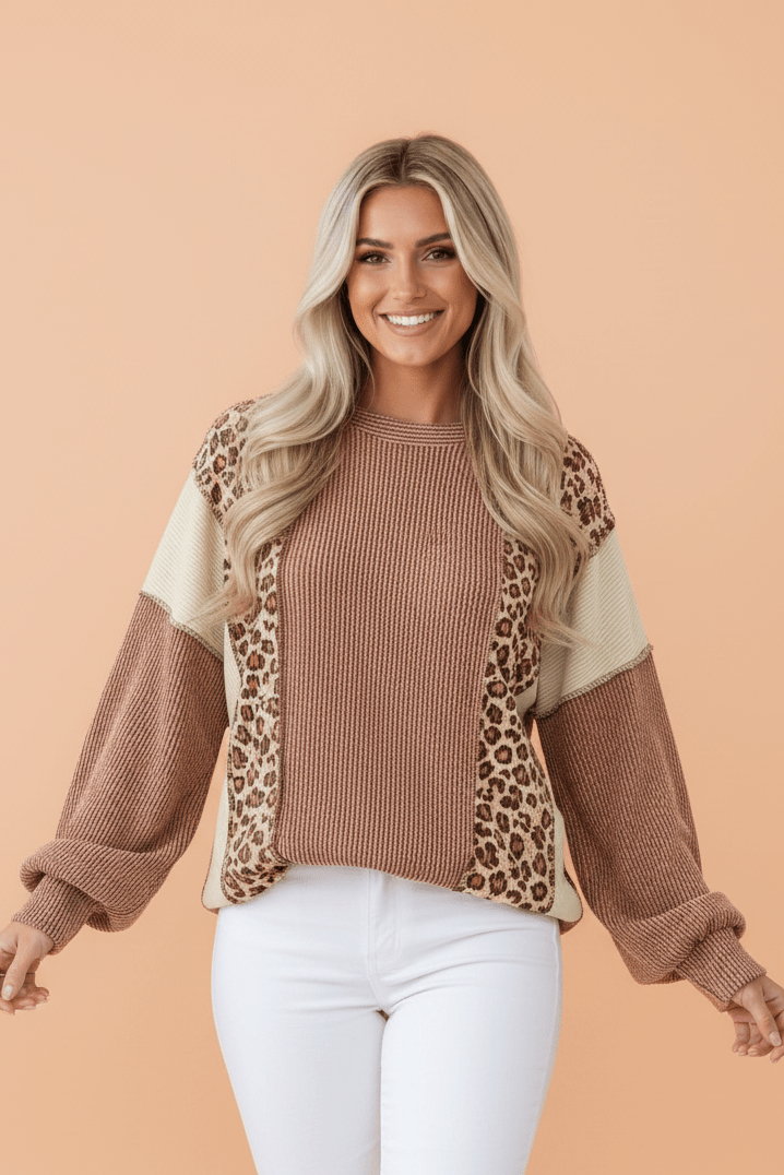 Leopard Colorblock Reverse Seam Corded Knit Long Sleeve Top - Rooted & Reckless Co.