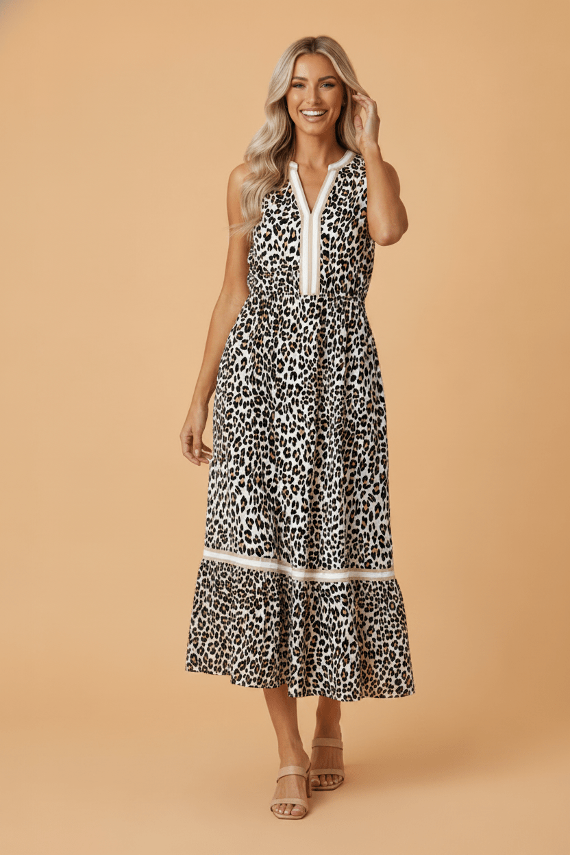 Leopard Colorblock Sleeveless Midi Dress - Rooted & Reckless Co.