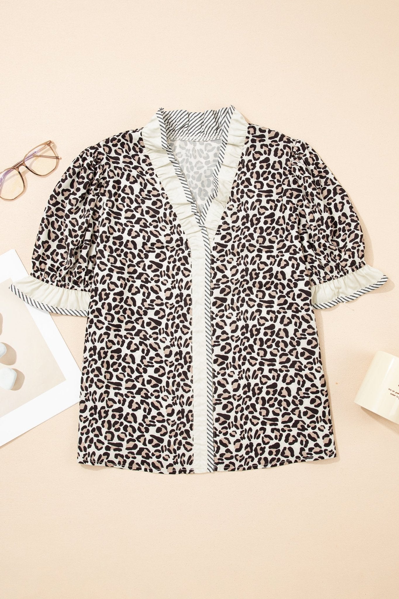 Leopard Colorblock Stripe V-Neck Short Sleeve Blouse - Rooted & Reckless Co.