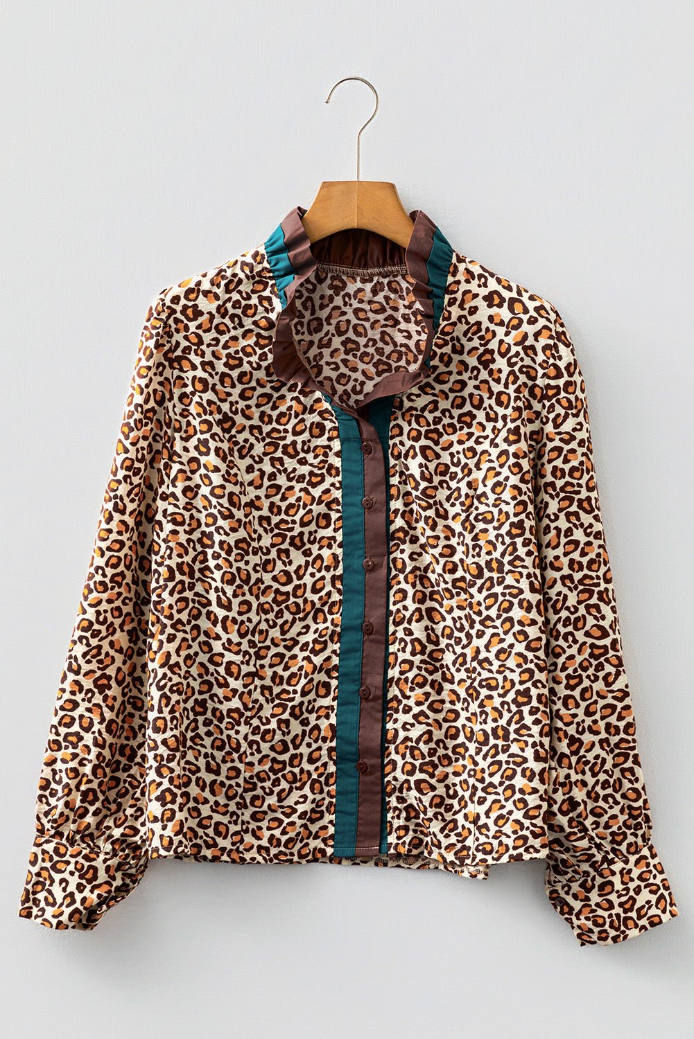 Leopard Contrast Frilled Trim Button-Up Shirt - Rooted & Reckless Co.