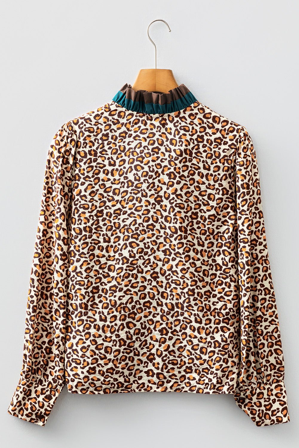 Leopard Contrast Frilled Trim Button-Up Shirt - Rooted & Reckless Co.