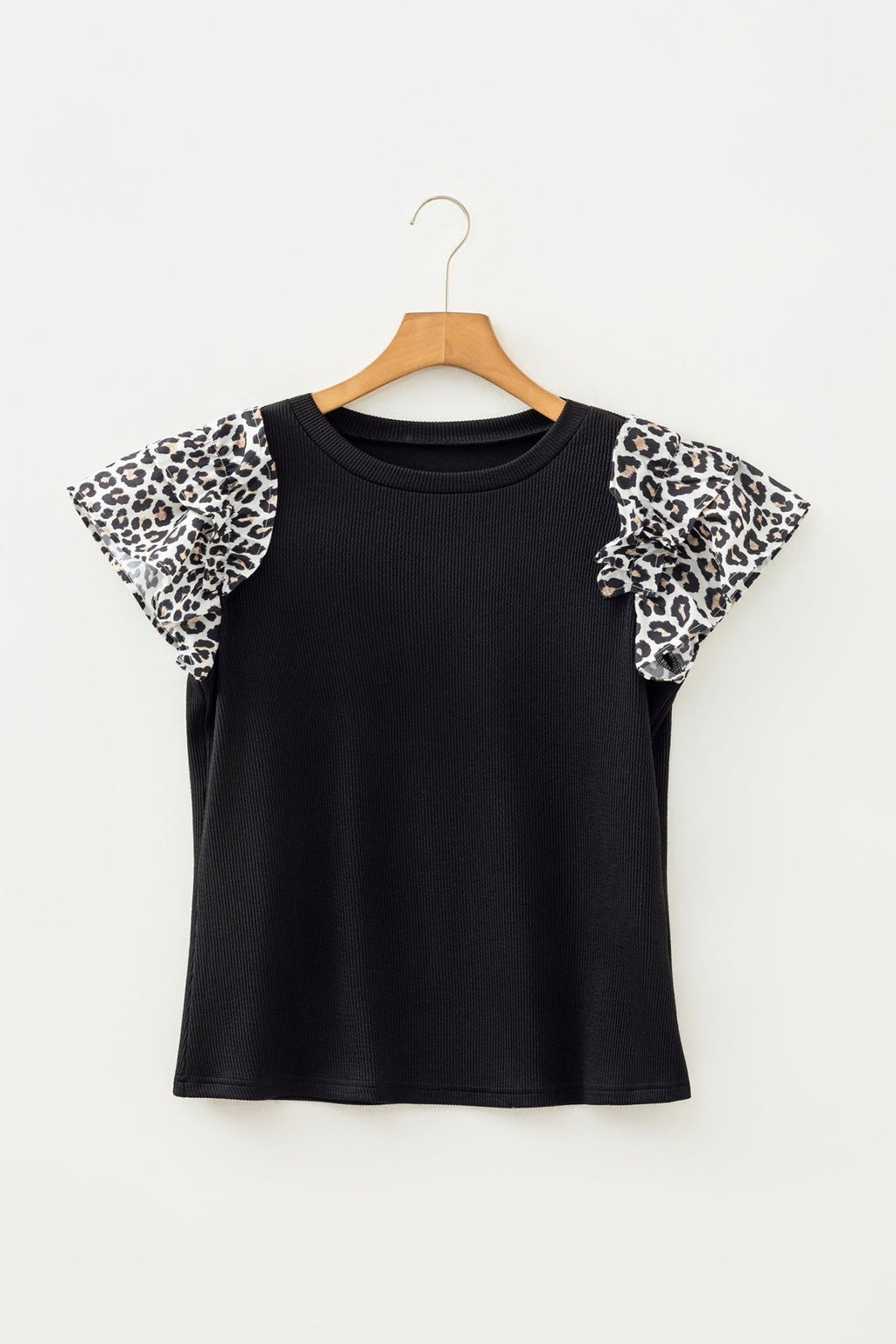 Leopard Contrast Ruffle Short Sleeve Ribbed Top - Rooted & Reckless Co.