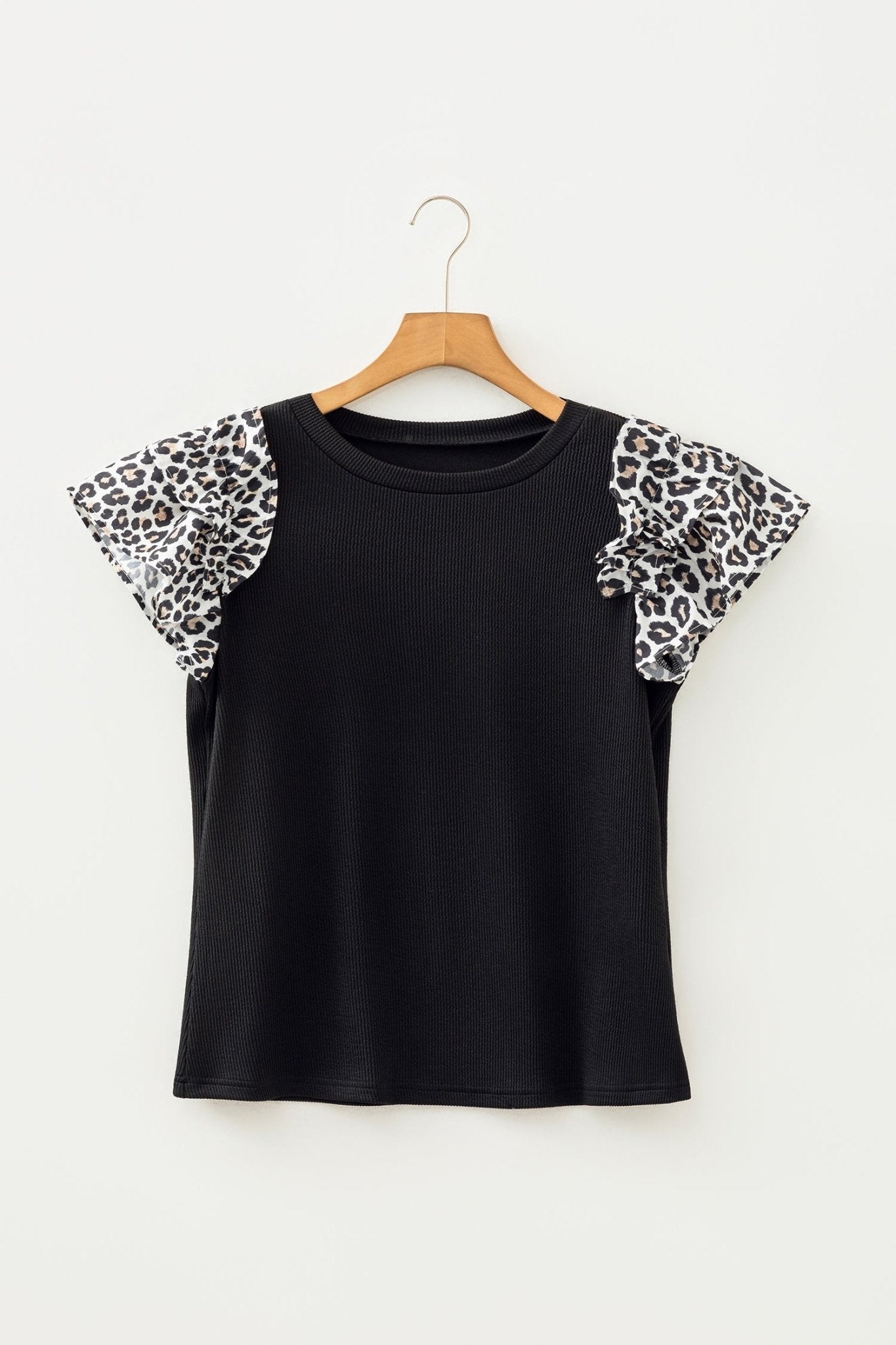 Leopard Contrast Ruffle Short Sleeve Ribbed Top - Rooted & Reckless Co.