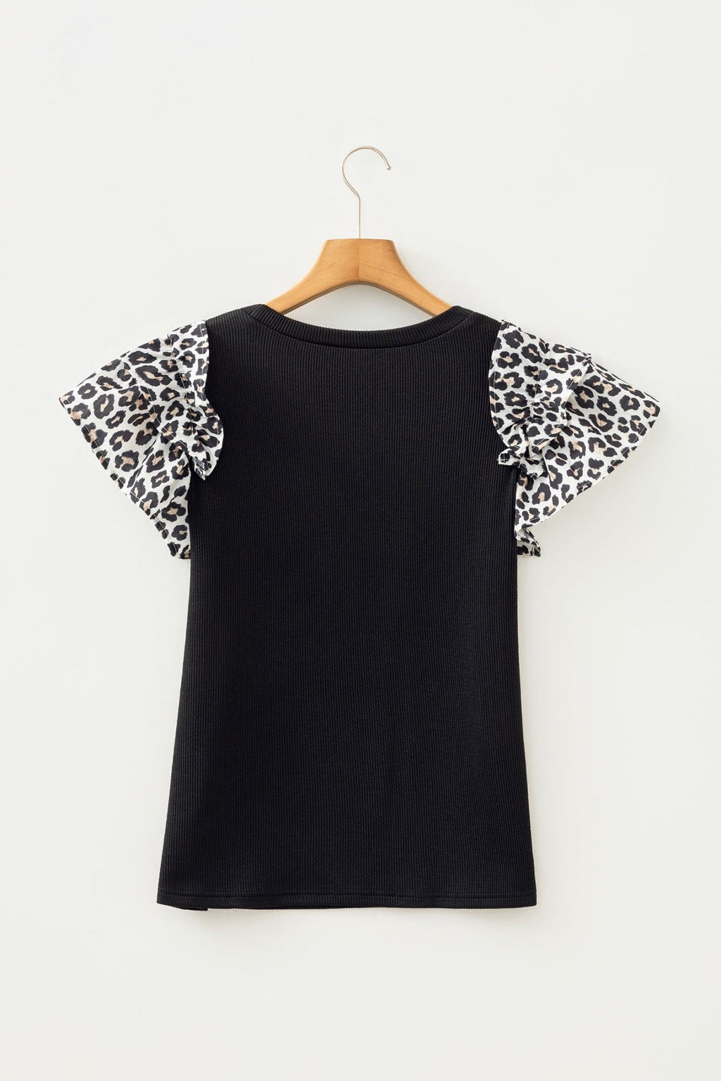 Leopard Contrast Ruffle Short Sleeve Ribbed Top - Rooted & Reckless Co.