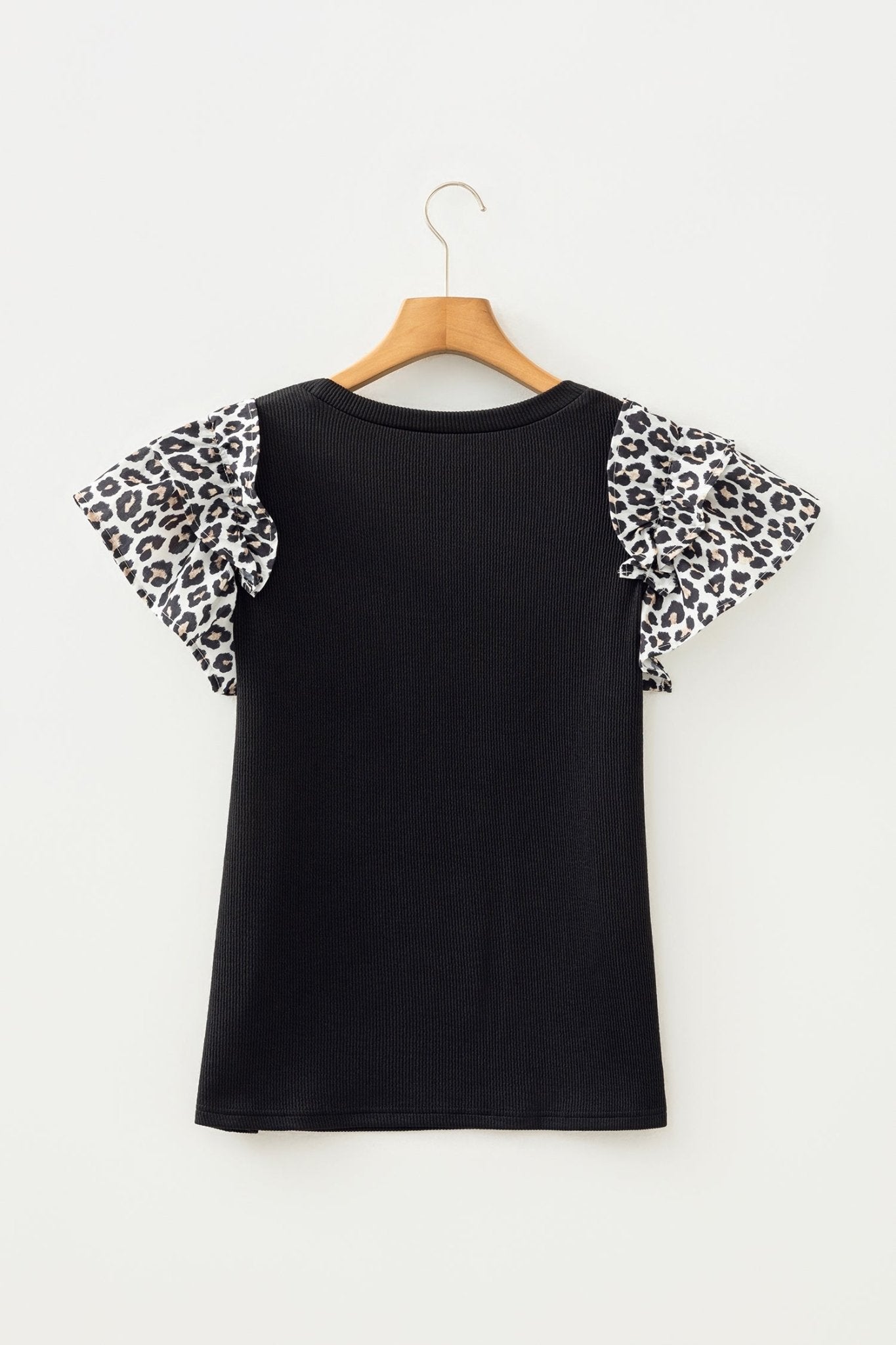 Leopard Contrast Ruffle Short Sleeve Ribbed Top - Rooted & Reckless Co.