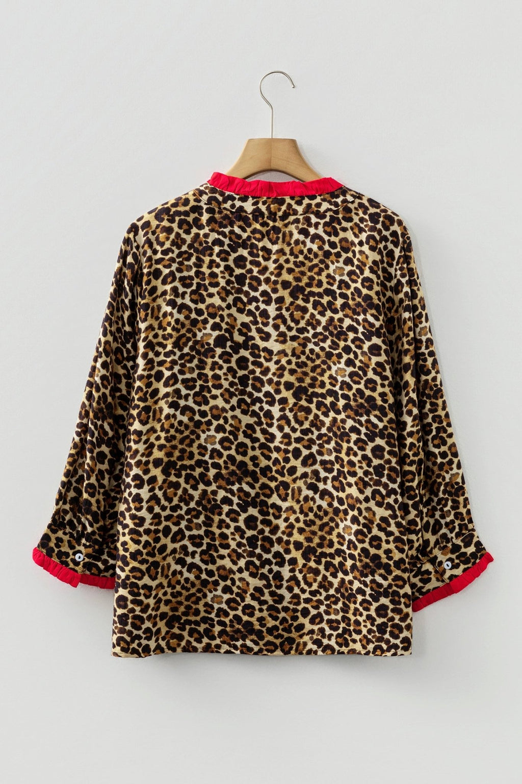 Leopard Contrast Ruffle Trim Buttoned V-Neck Shirt - Rooted & Reckless Co.
