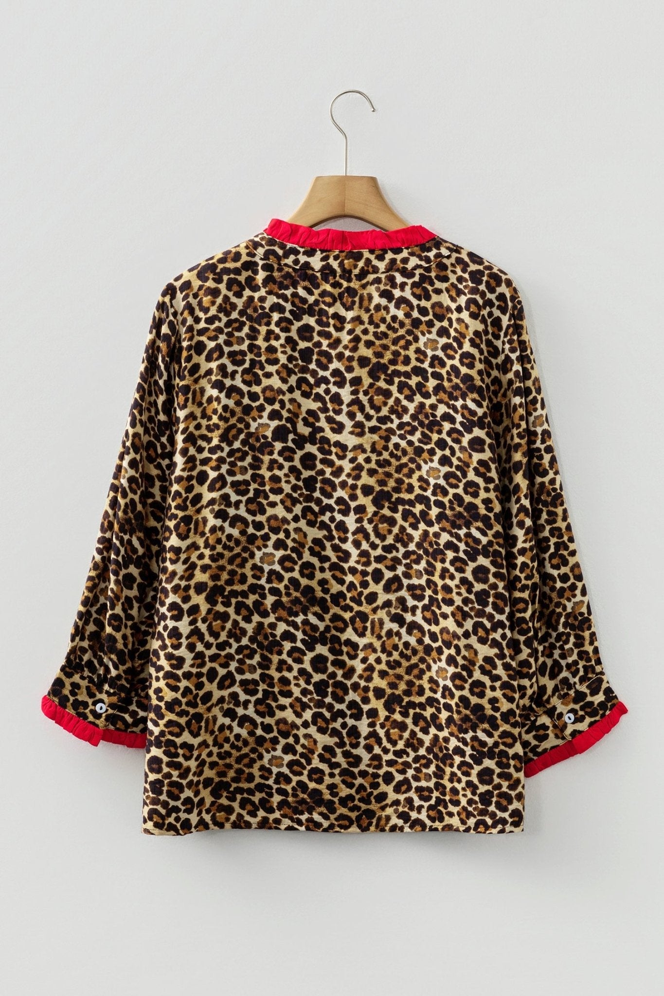 Leopard Contrast Ruffle Trim Buttoned V-Neck Shirt - Rooted & Reckless Co.
