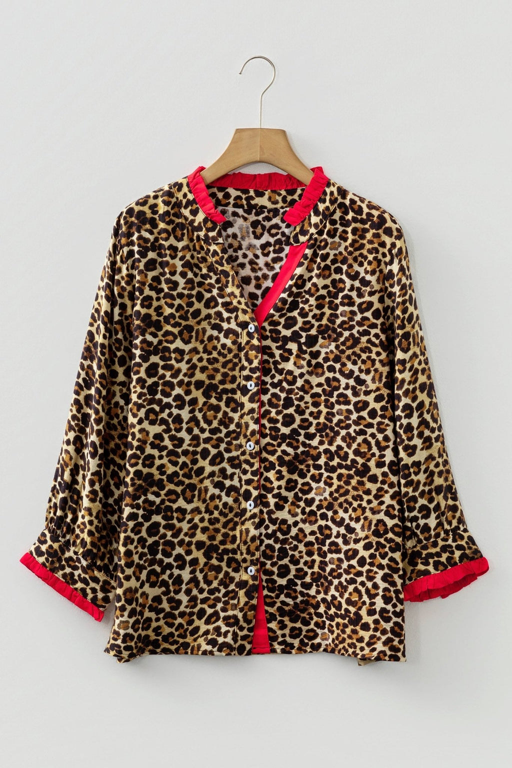Leopard Contrast Ruffle Trim Buttoned V-Neck Shirt - Rooted & Reckless Co.