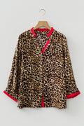 Leopard Contrast Ruffle Trim Buttoned V-Neck Shirt - Rooted & Reckless Co.