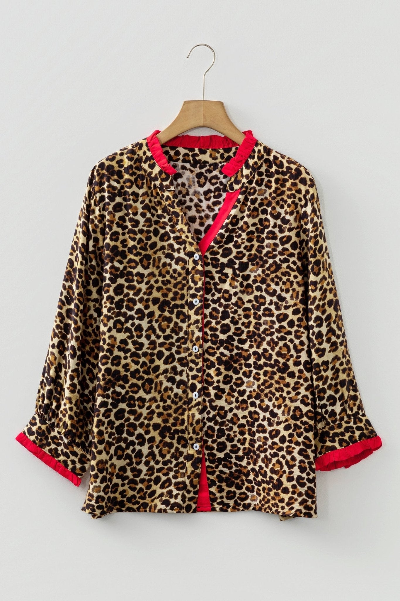Leopard Contrast Ruffle Trim Buttoned V-Neck Shirt - Rooted & Reckless Co.