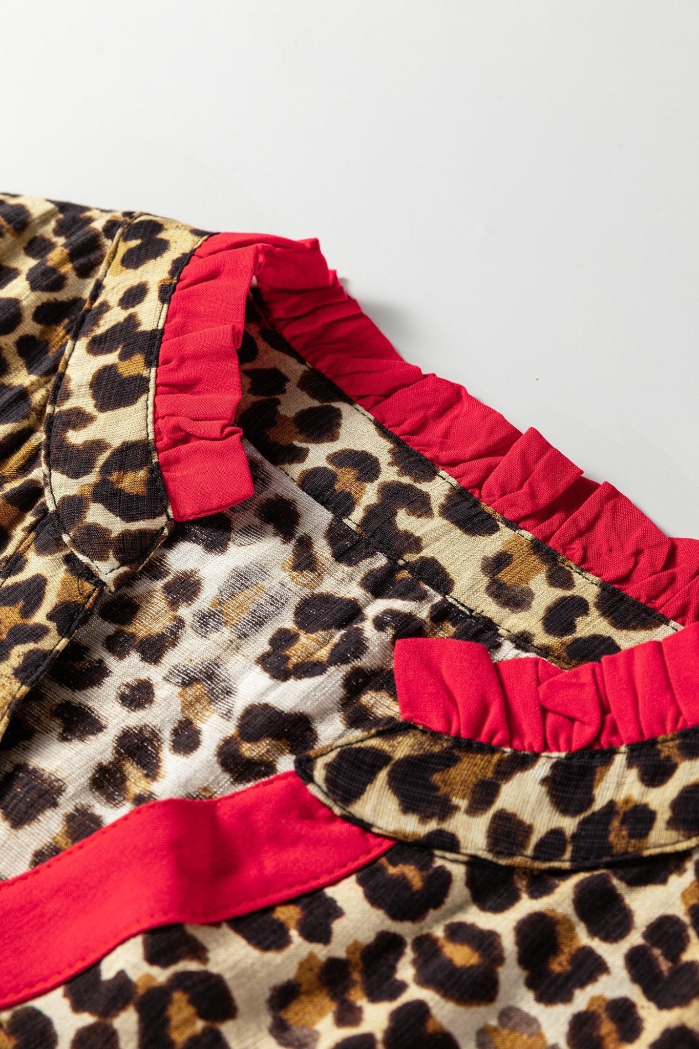 Leopard Contrast Ruffle Trim Buttoned V-Neck Shirt - Rooted & Reckless Co.