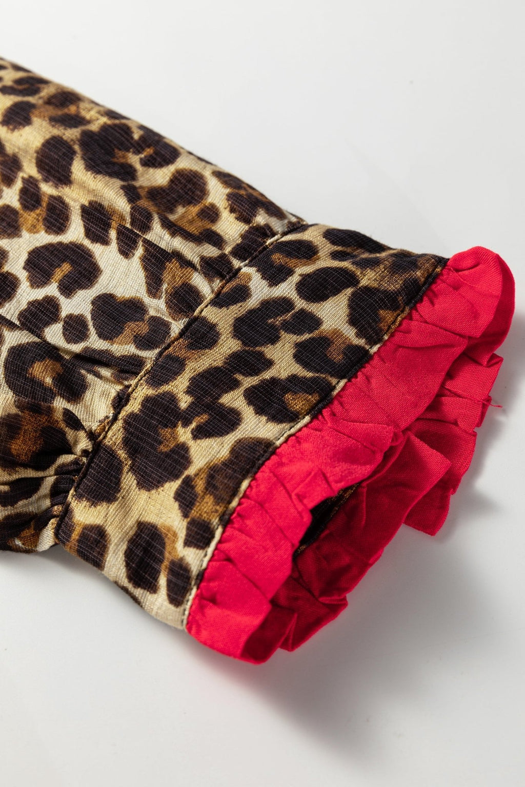 Leopard Contrast Ruffle Trim Buttoned V-Neck Shirt - Rooted & Reckless Co.