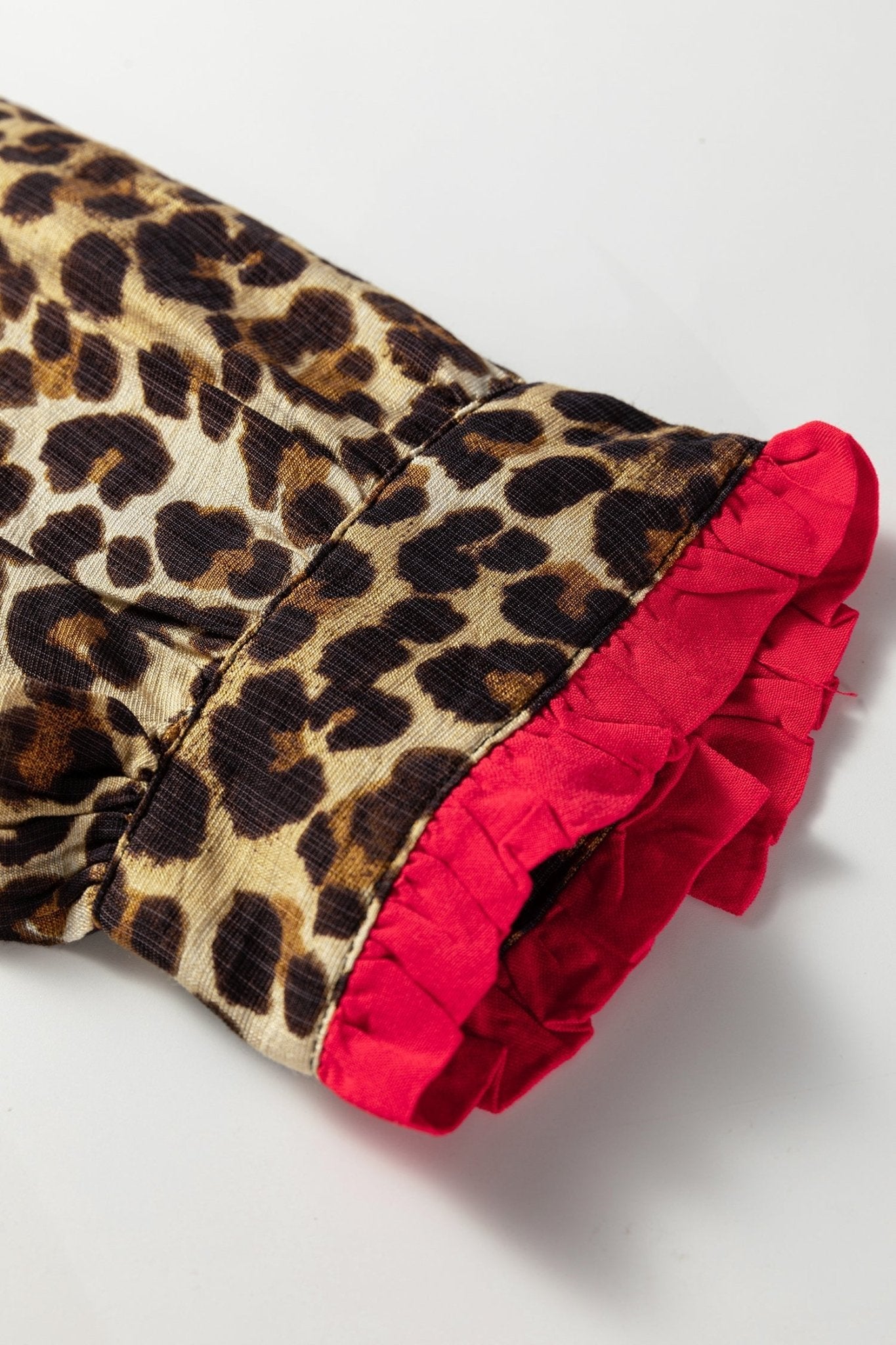 Leopard Contrast Ruffle Trim Buttoned V-Neck Shirt - Rooted & Reckless Co.