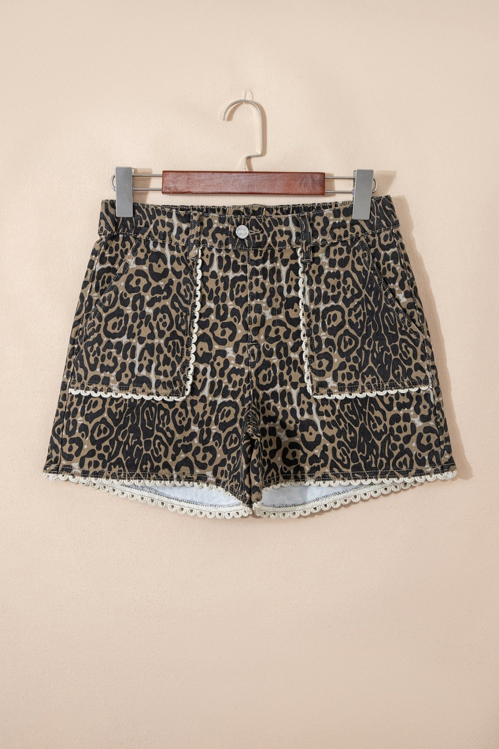 Leopard Contrast Scallop Lace Trim Denim Shorts - Rooted & Reckless Co.