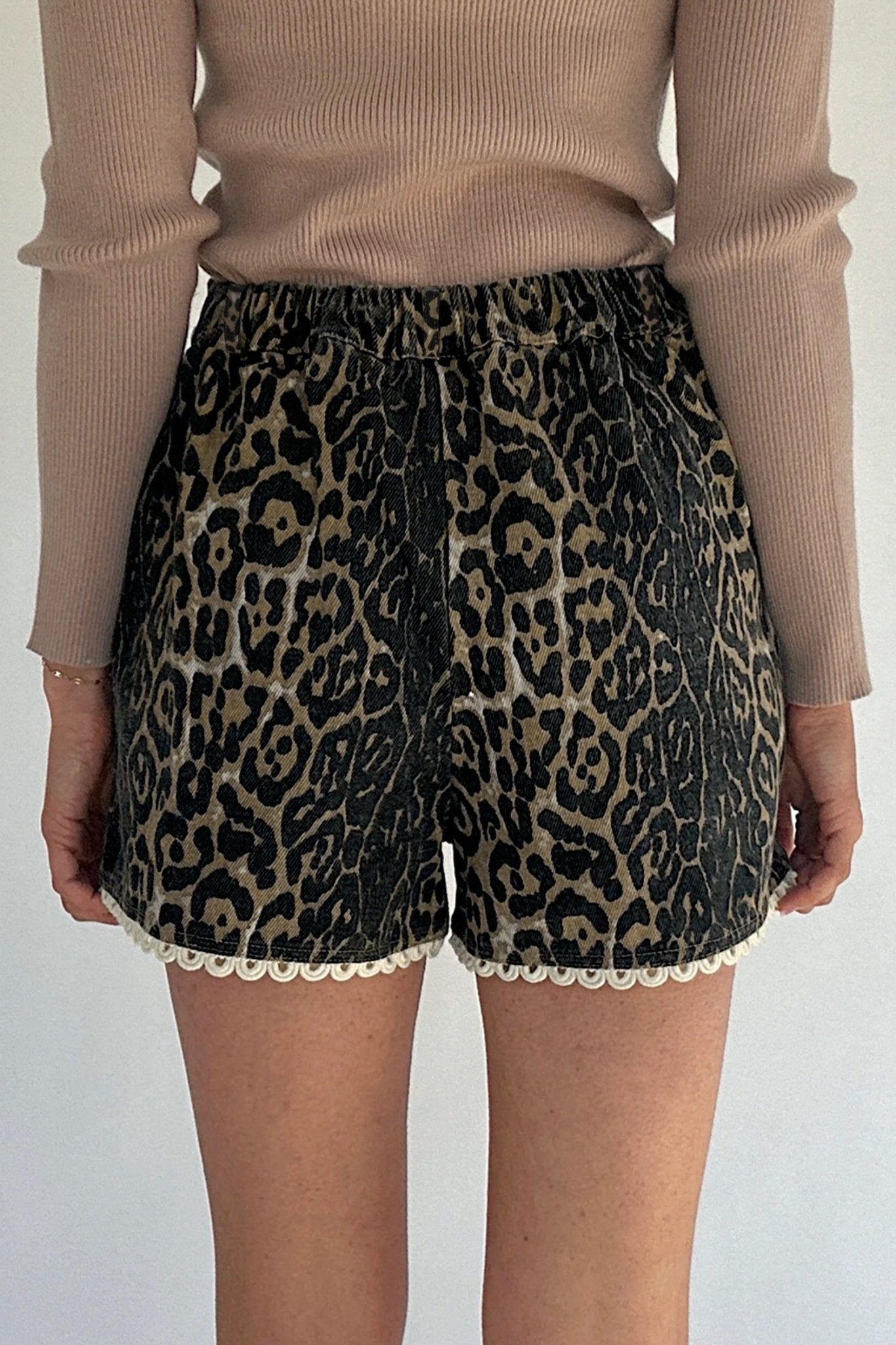 Leopard Contrast Scallop Lace Trim Denim Shorts - Rooted & Reckless Co.