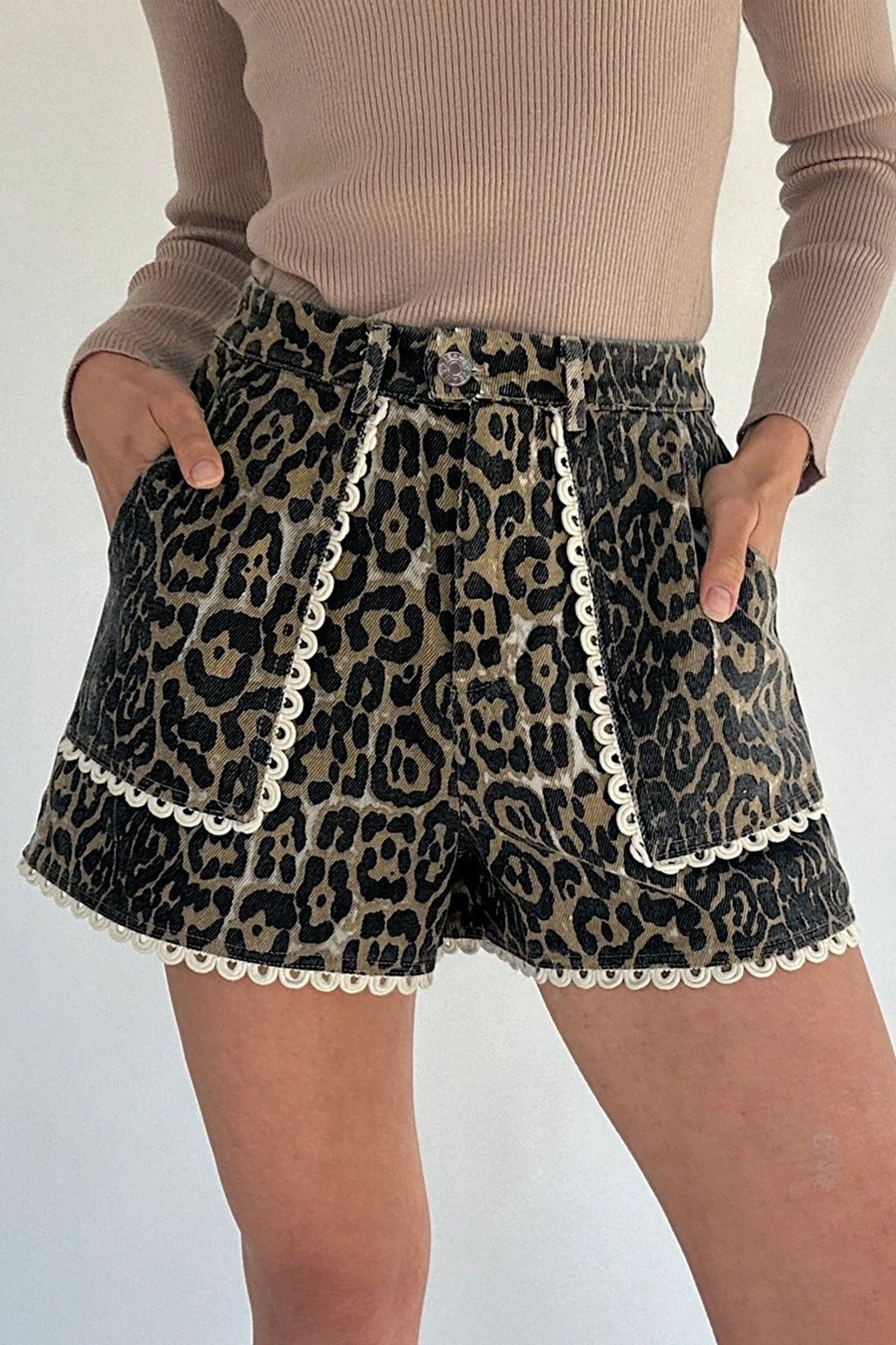 Leopard Contrast Scallop Lace Trim Denim Shorts - Rooted & Reckless Co.