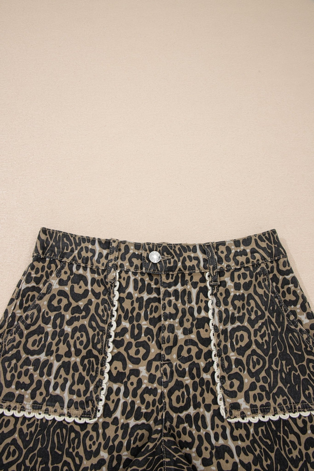 Leopard Contrast Scallop Lace Trim Denim Shorts - Rooted & Reckless Co.