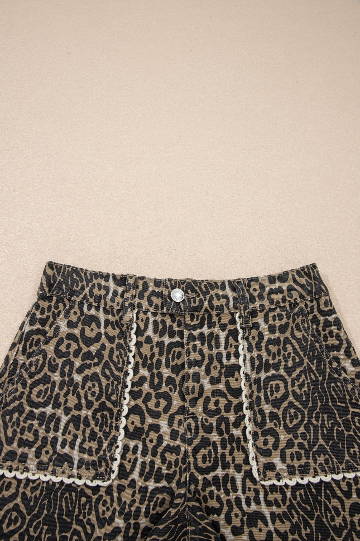 Leopard Contrast Scallop Lace Trim Denim Shorts - Rooted & Reckless Co.