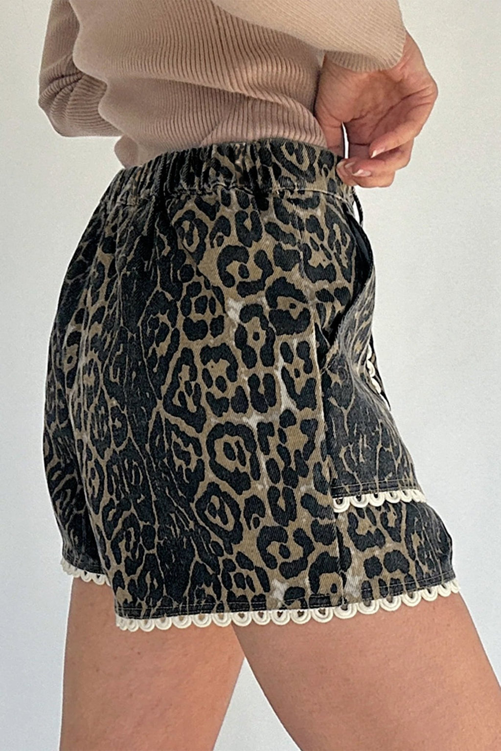 Leopard Contrast Scallop Lace Trim Denim Shorts - Rooted & Reckless Co.