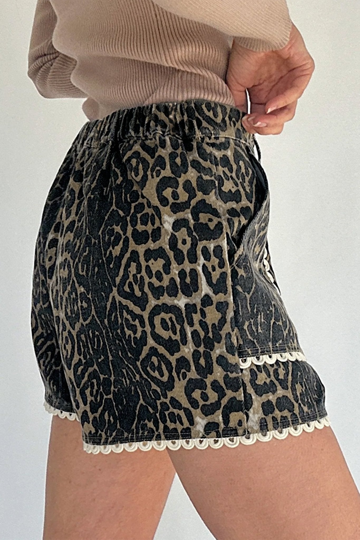 Leopard Contrast Scallop Lace Trim Denim Shorts - Rooted & Reckless Co.