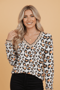 Leopard Contrast Scallop V-Neck Long Sleeve Blouse - Rooted & Reckless Co.
