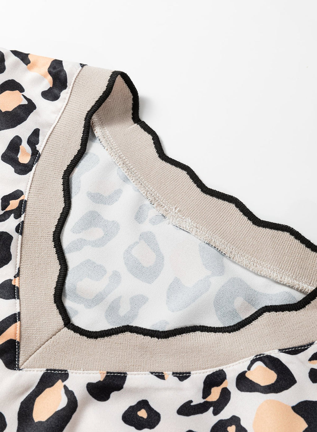 Leopard Contrast Scallop V-Neck Long Sleeve Blouse - Rooted & Reckless Co.