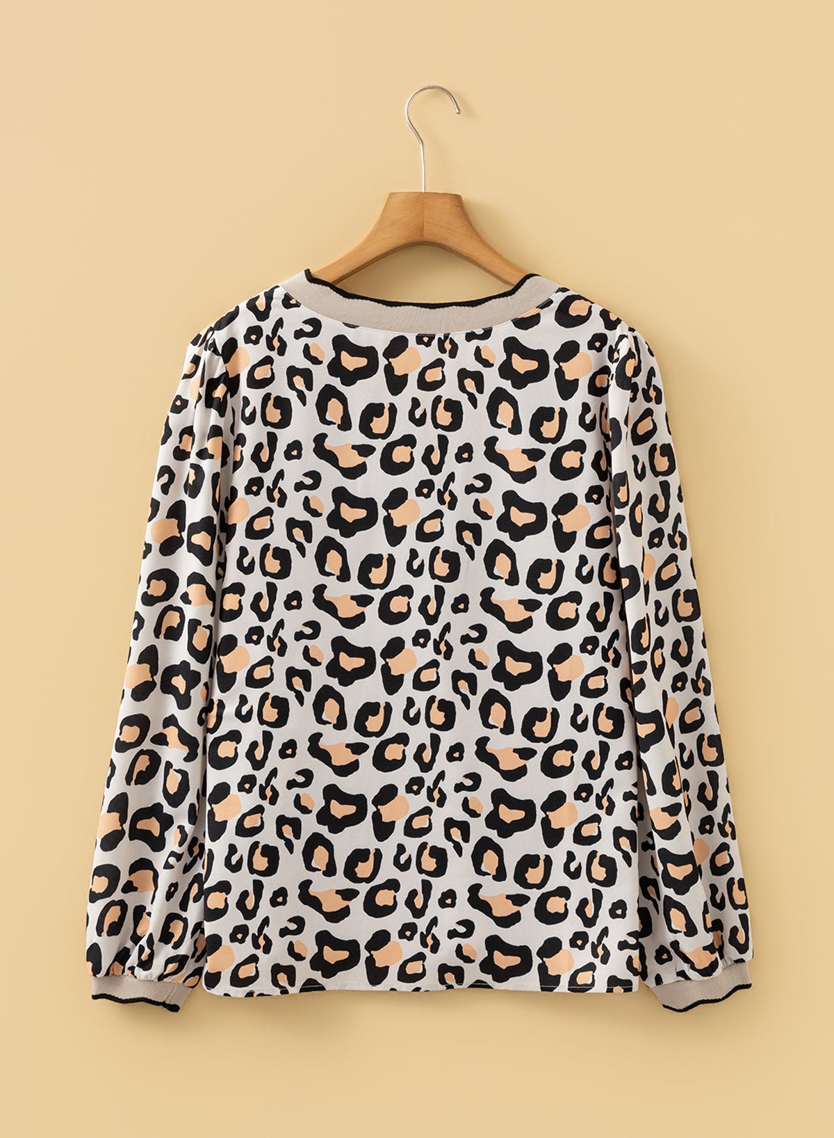 Leopard Contrast Scallop V-Neck Long Sleeve Blouse - Rooted & Reckless Co.