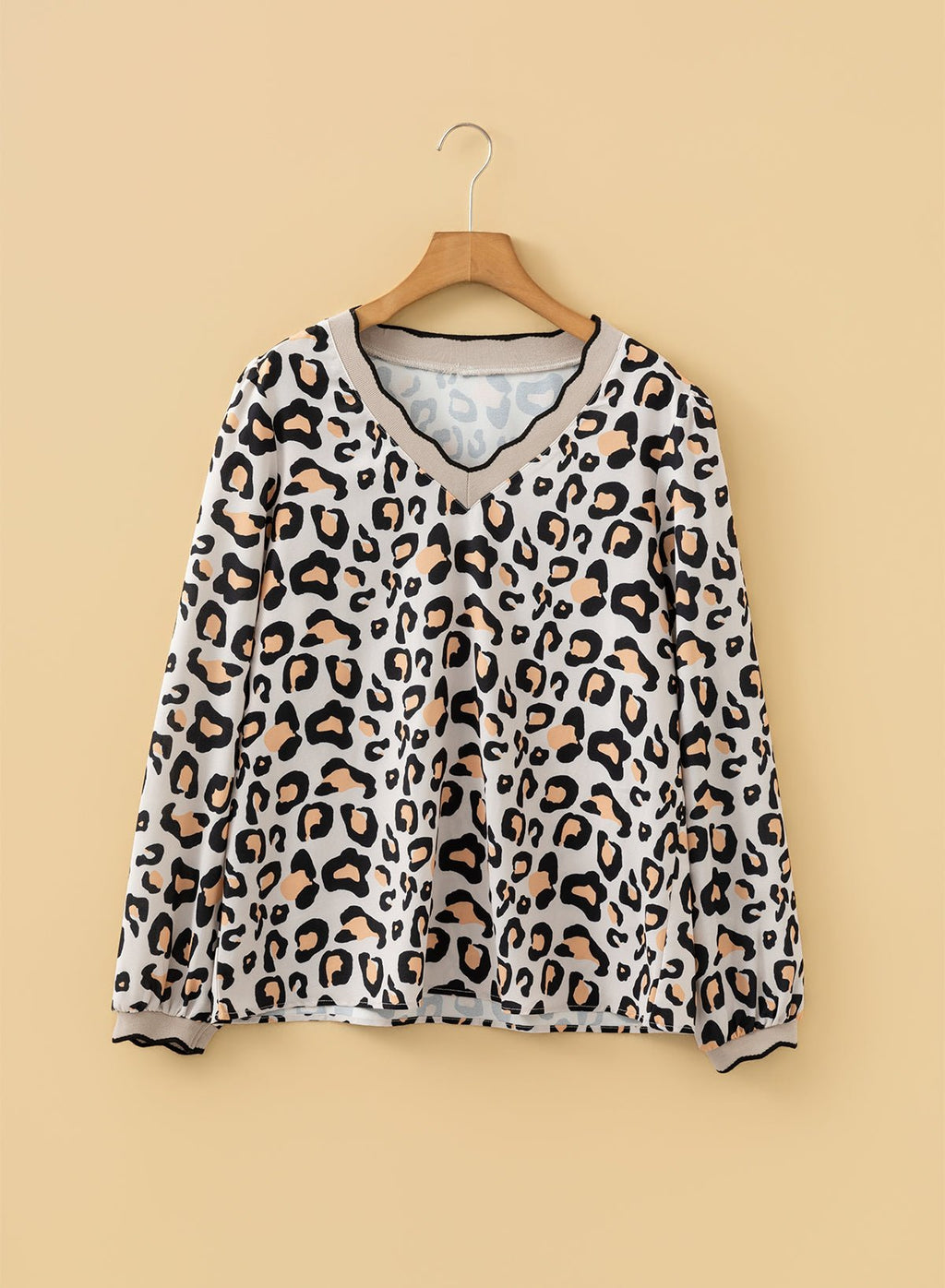 Leopard Contrast Scallop V-Neck Long Sleeve Blouse - Rooted & Reckless Co.