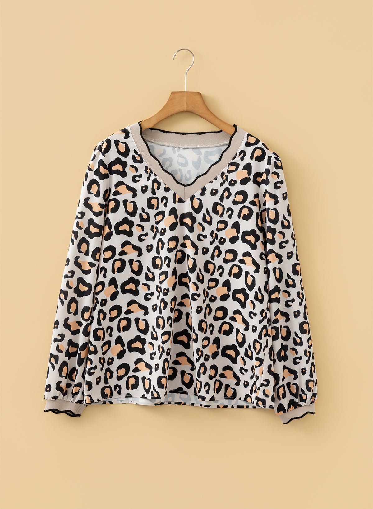 Leopard Contrast Scallop V-Neck Long Sleeve Blouse - Rooted & Reckless Co.