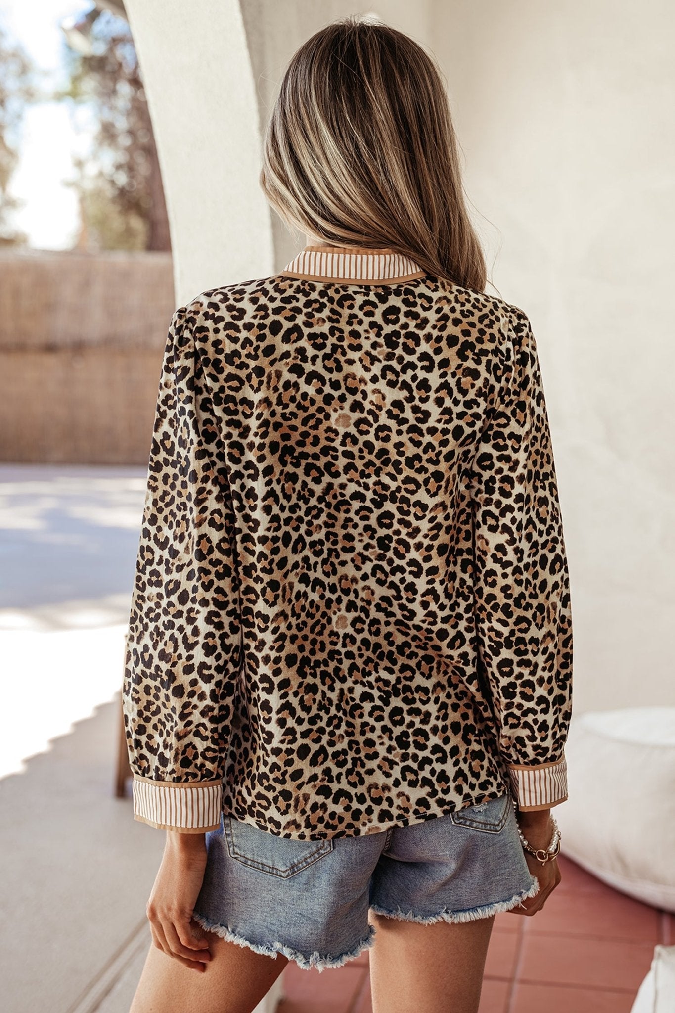 Leopard Contrast Stripe Buttoned V-Neck Shirt - Rooted & Reckless Co.