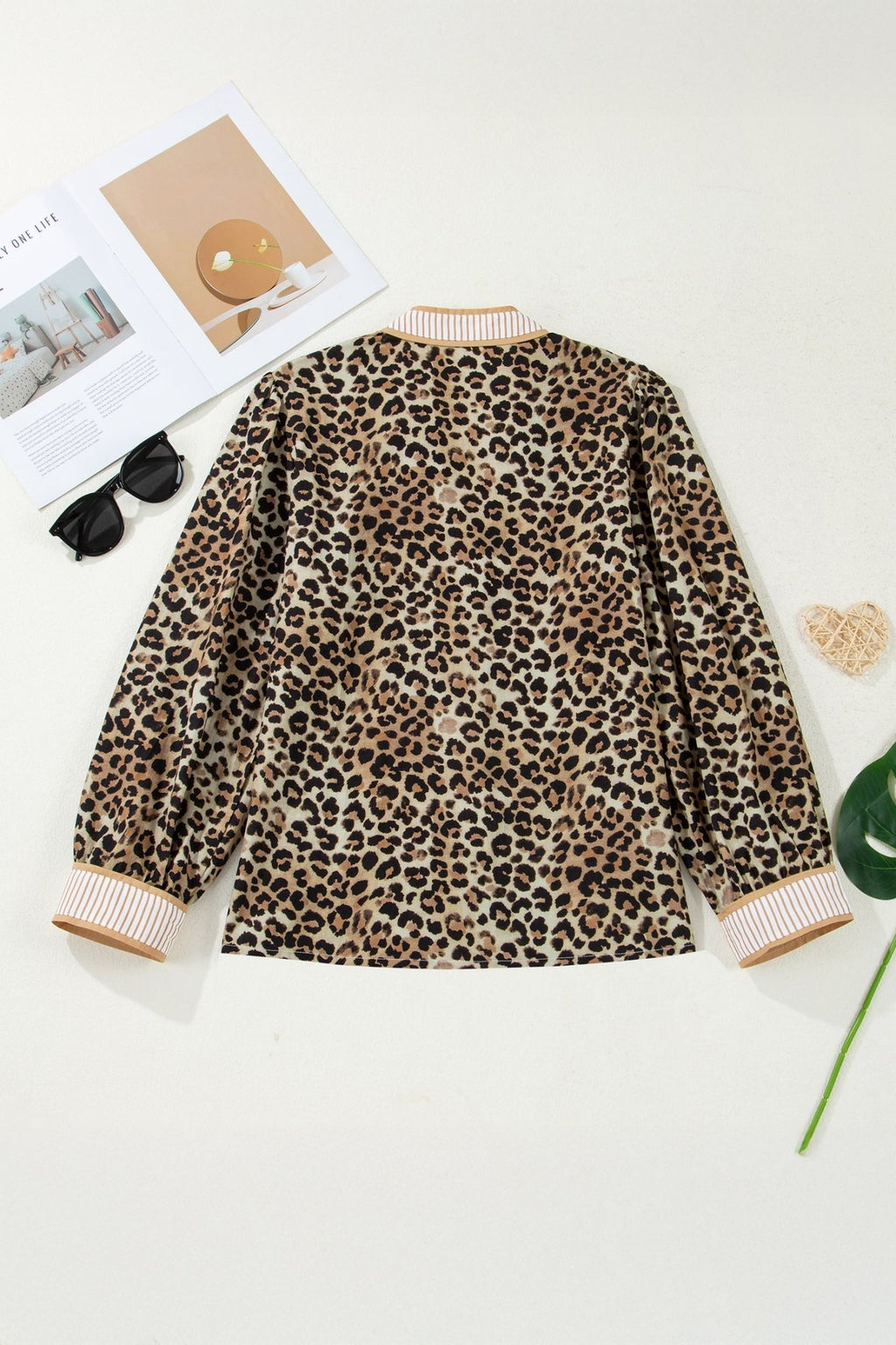 Leopard Contrast Stripe Buttoned V-Neck Shirt - Rooted & Reckless Co.
