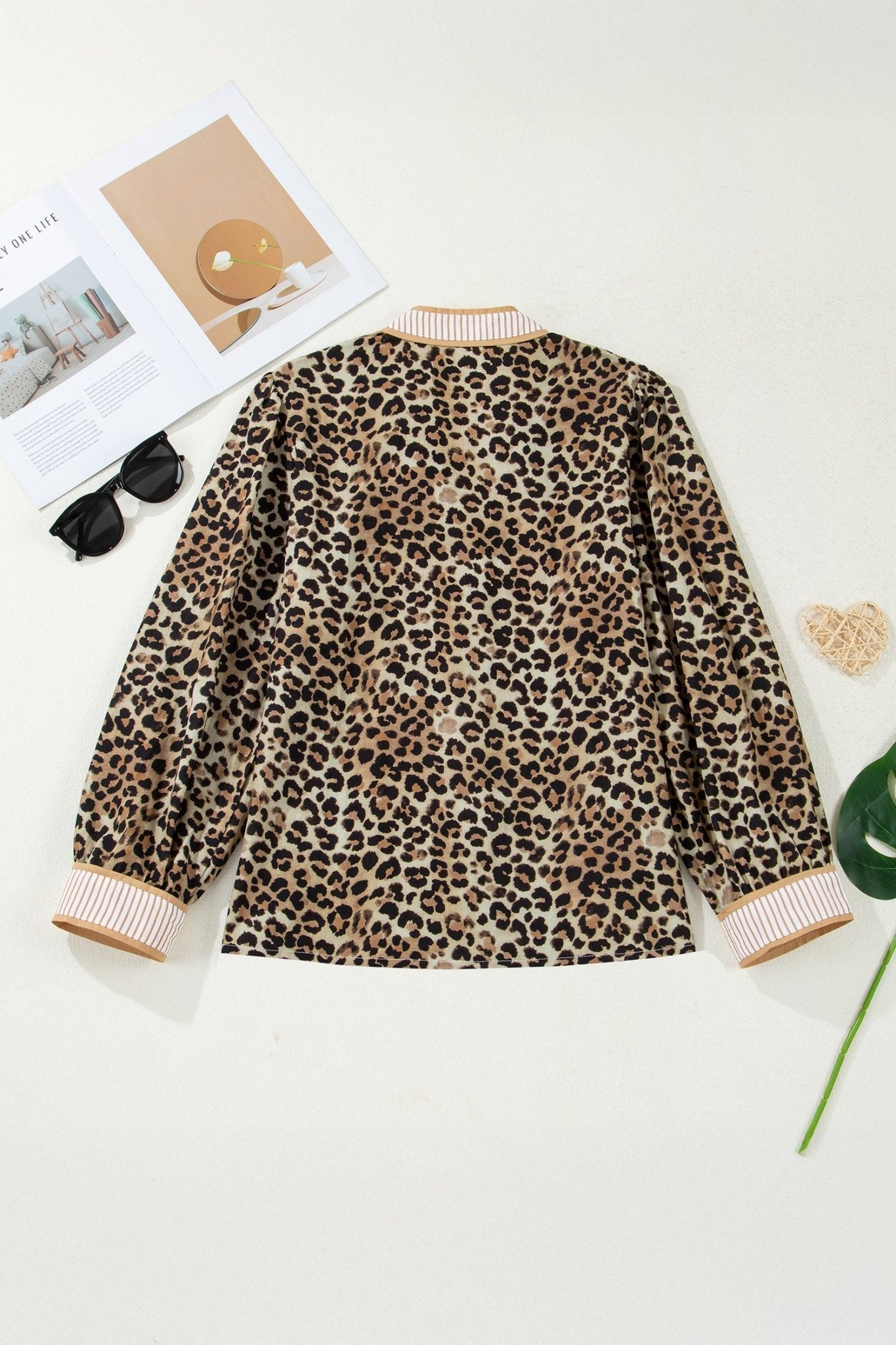 Leopard Contrast Stripe Buttoned V-Neck Shirt - Rooted & Reckless Co.