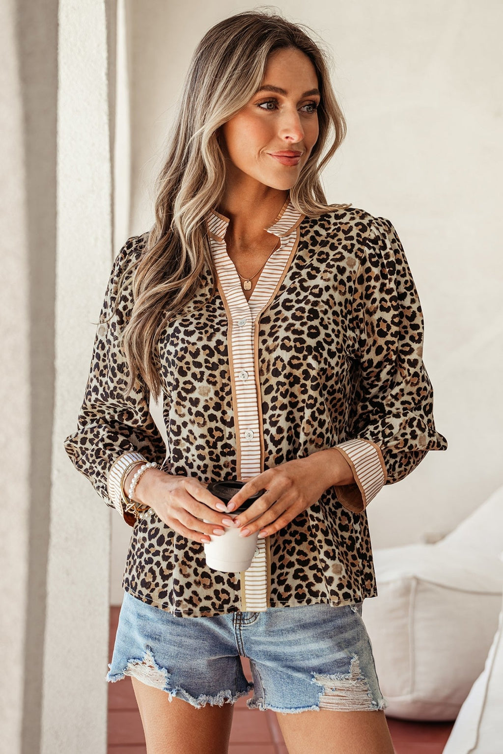 Leopard Contrast Stripe Buttoned V-Neck Shirt - Rooted & Reckless Co.