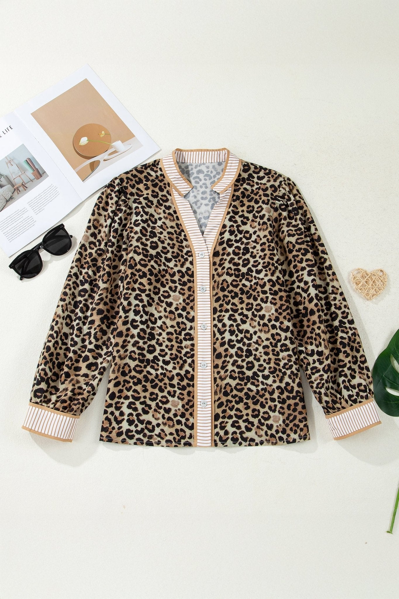 Leopard Contrast Stripe Buttoned V-Neck Shirt - Rooted & Reckless Co.