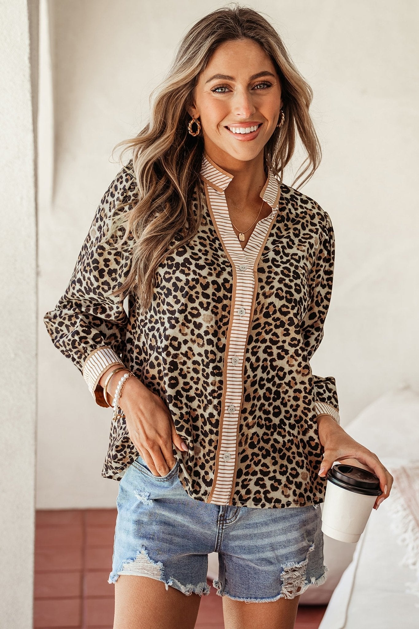 Leopard Contrast Stripe Buttoned V-Neck Shirt - Rooted & Reckless Co.