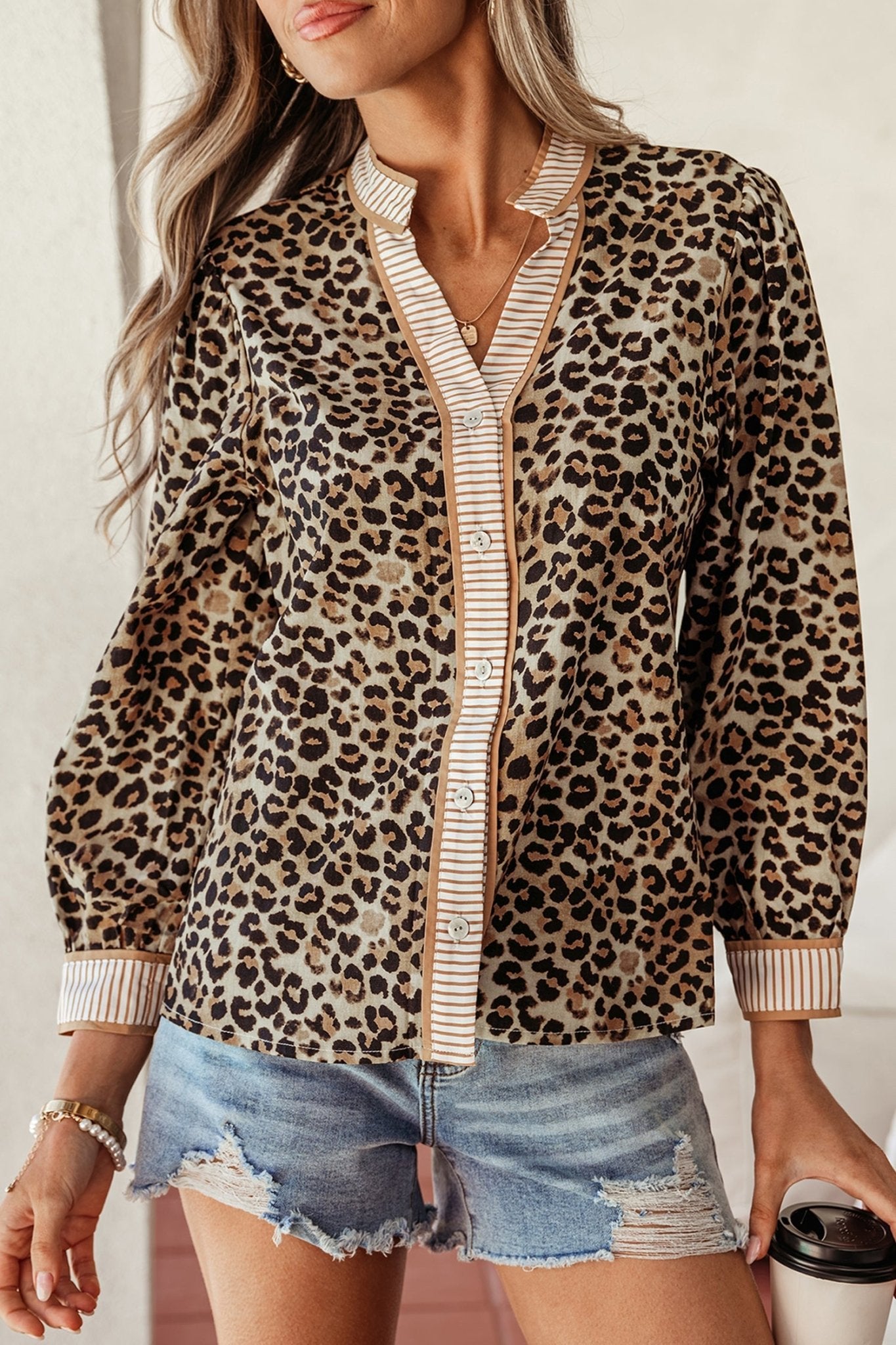 Leopard Contrast Stripe Buttoned V-Neck Shirt - Rooted & Reckless Co.