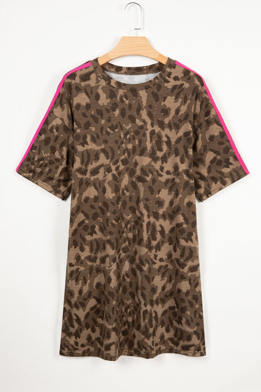 Leopard Contrast Stripe Mini T-Shirt Dress w/ Pockets - Rooted & Reckless Co.