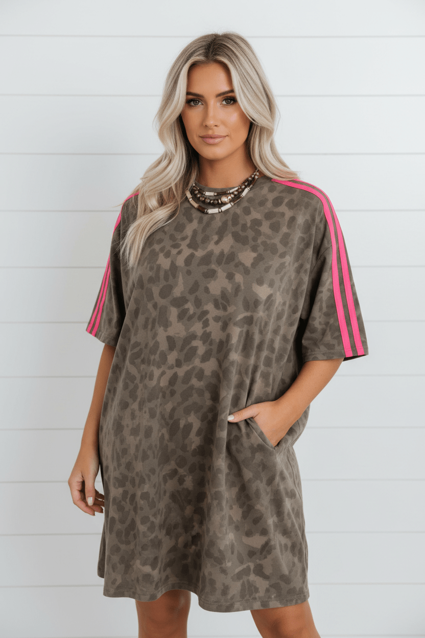 Leopard Contrast Stripe Mini T-Shirt Dress w/ Pockets - Rooted & Reckless Co.