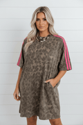 Leopard Contrast Stripe Mini T-Shirt Dress w/ Pockets - Rooted & Reckless Co.
