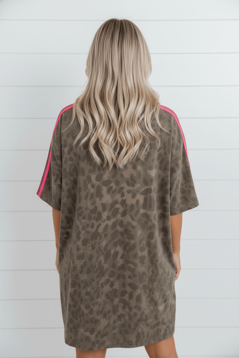 Leopard Contrast Stripe Mini T-Shirt Dress w/ Pockets - Rooted & Reckless Co.