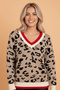 Leopard Contrast Stripe Ribbed Knit V-Neck Sweater - Rooted & Reckless Co.