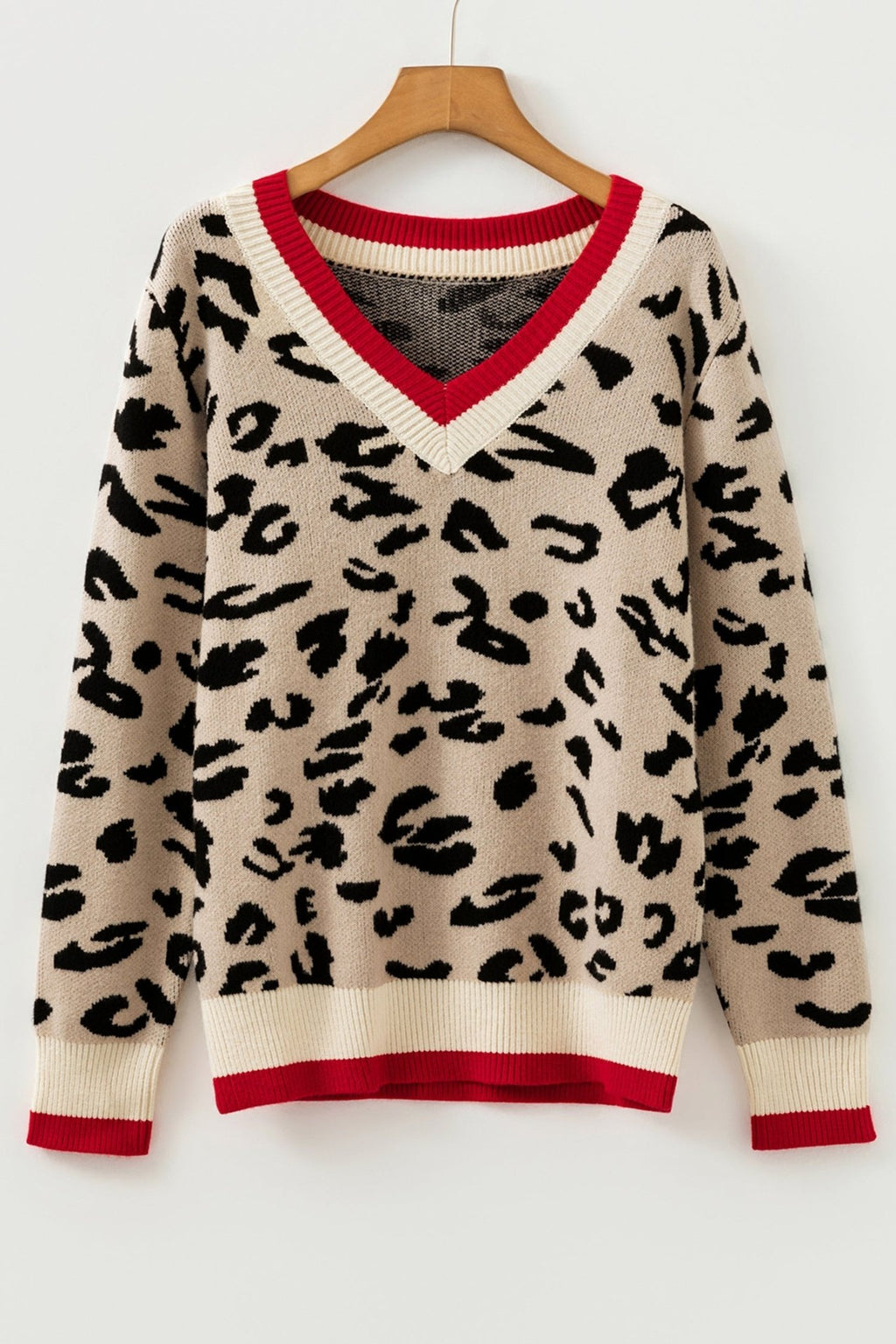 Leopard Contrast Stripe Ribbed Knit V-Neck Sweater - Rooted & Reckless Co.