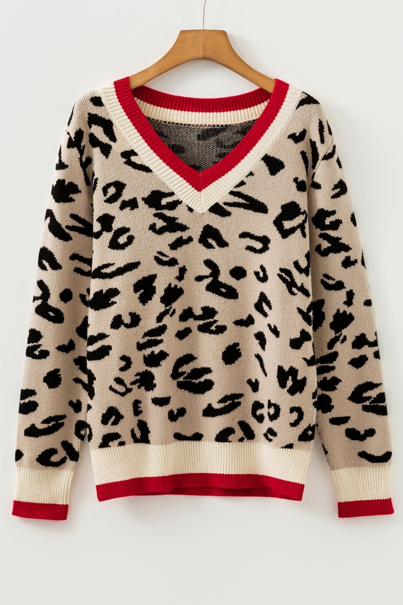Leopard Contrast Stripe Ribbed Knit V-Neck Sweater - Rooted & Reckless Co.